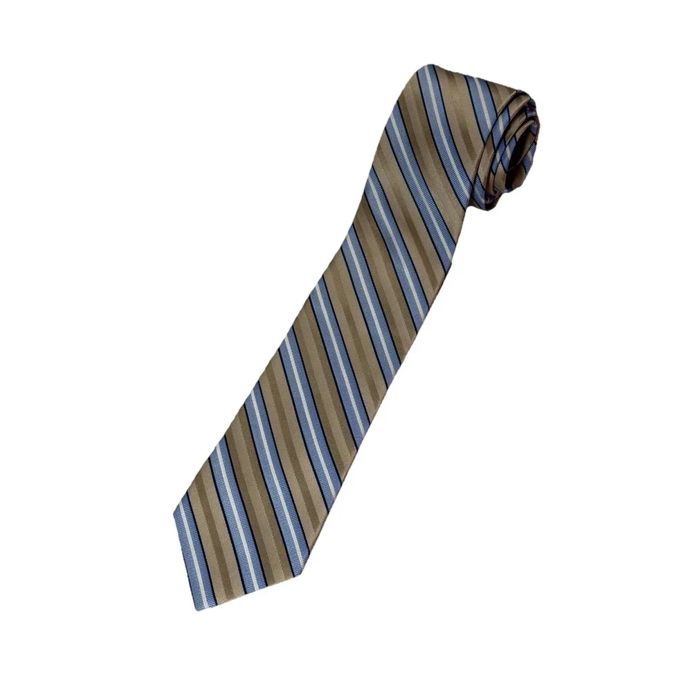 Saddlebred Silk Necktie Mens Gold Light Blue Navy Diagonal Stripe Pattern Tie